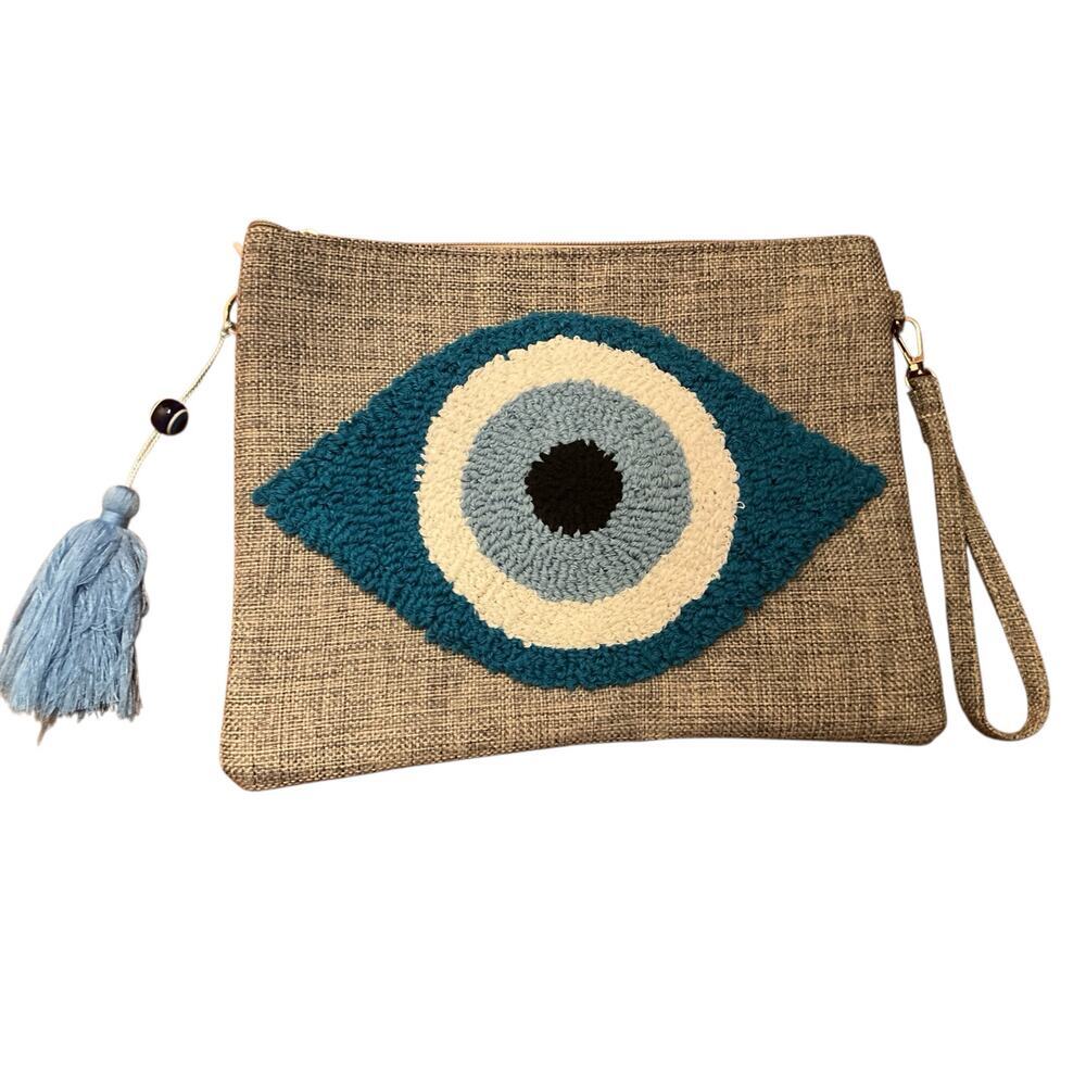 Joy Star Womens Cotton Clutch Crossbody Evil‎ Eye Greek Bag Zip Around Beige NEW